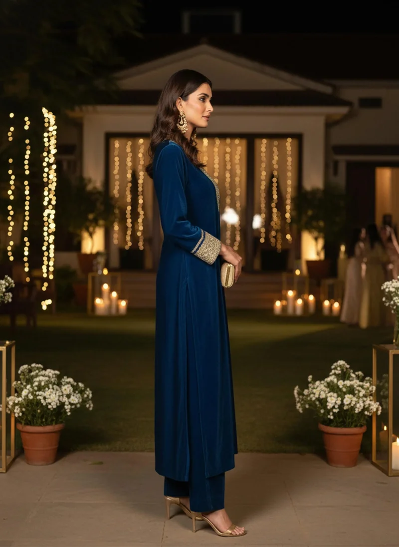 trueBrowns trueBrowns Blue Velvet Straight High-Slit Kurta