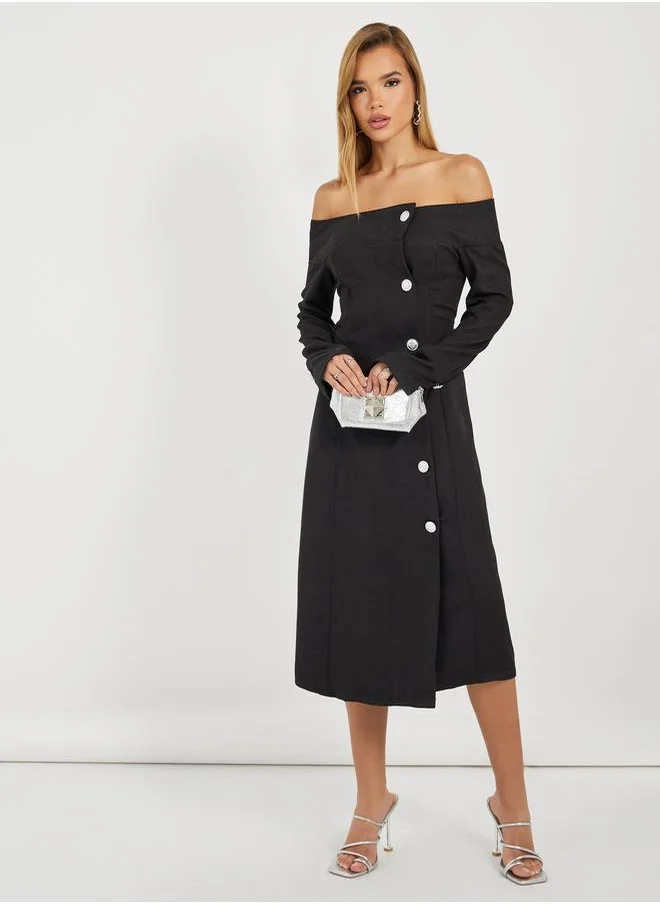 Styli Off Shoulder Neck Contrast Button Blazer Midi Dress