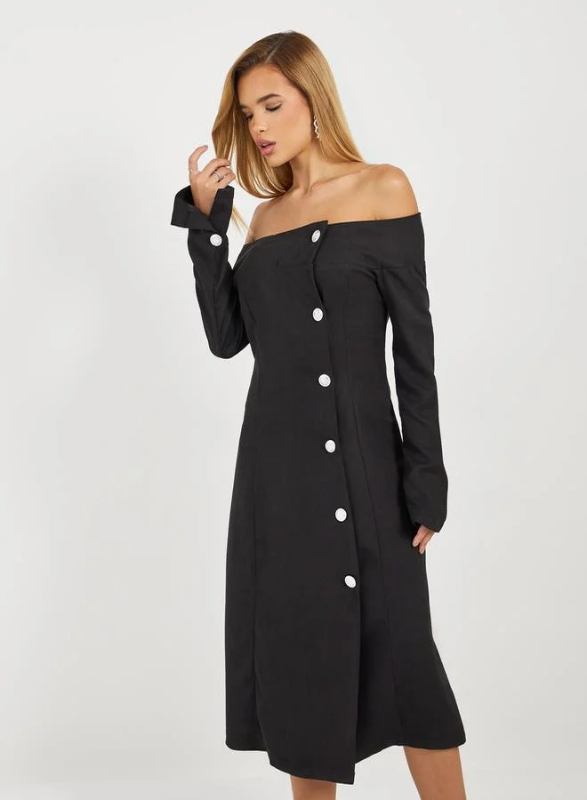 Styli Off-Shoulder Button Dress