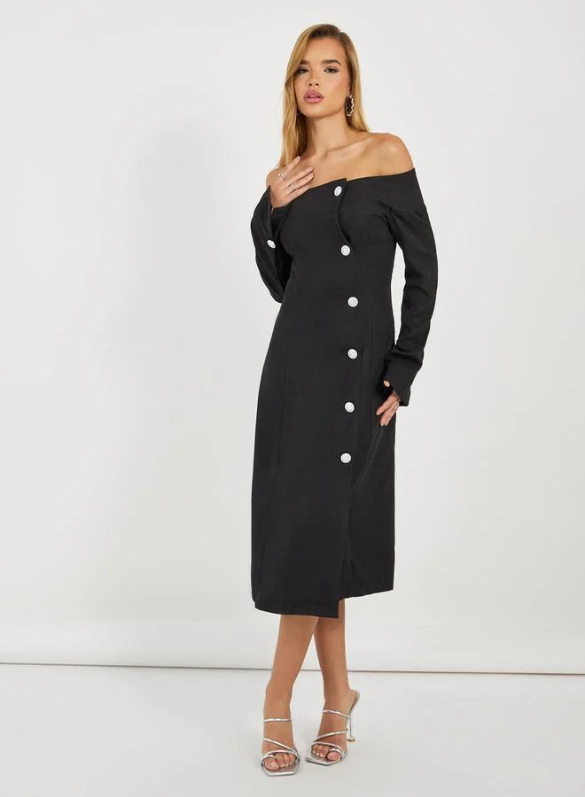 Styli Off-Shoulder Button Dress