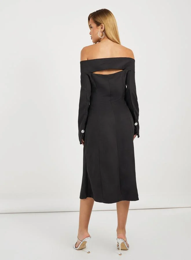 Styli Off-Shoulder Button Dress