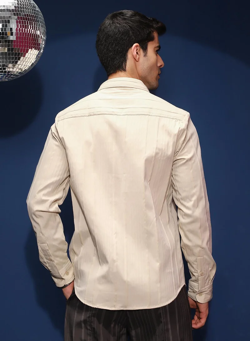 CAHOOT  Men's Ecru Beige Unbalanced-Ridge Relaxed Shirt for Men | Best Price UAE