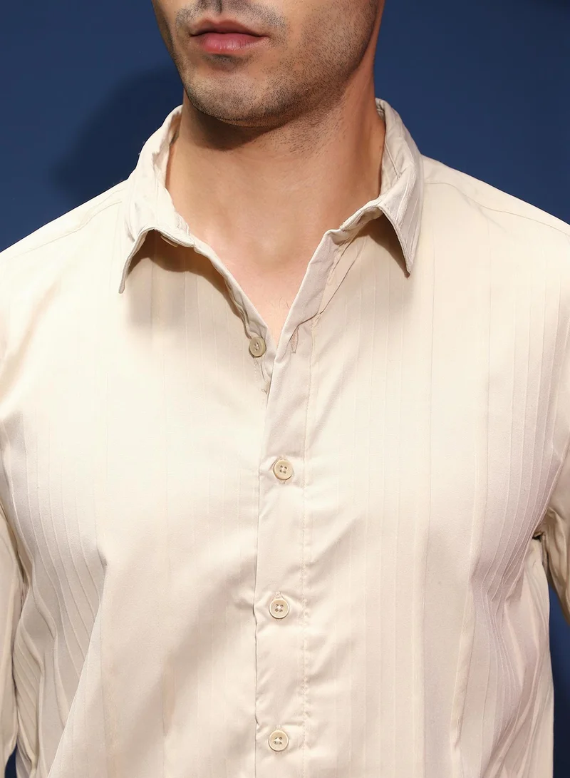CAHOOT  Men's Ecru Beige Unbalanced-Ridge Relaxed Shirt for Men | Best Price UAE