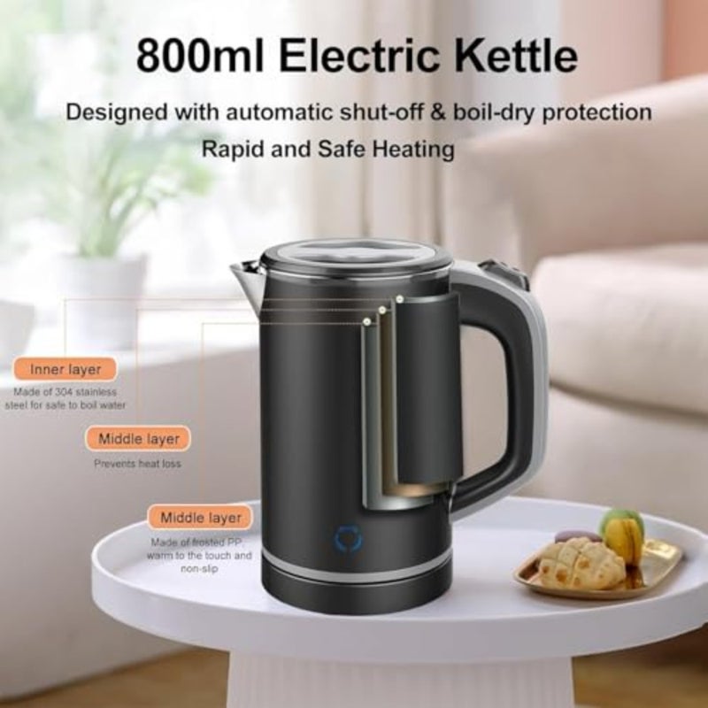 Small Electric Kettle for Boiling Water, 0.8L Portable Mini 304 Stainless Steel Silver Hot Water Boiler Heater with Auto Shut-Off for Camping Travel Office - Image 3