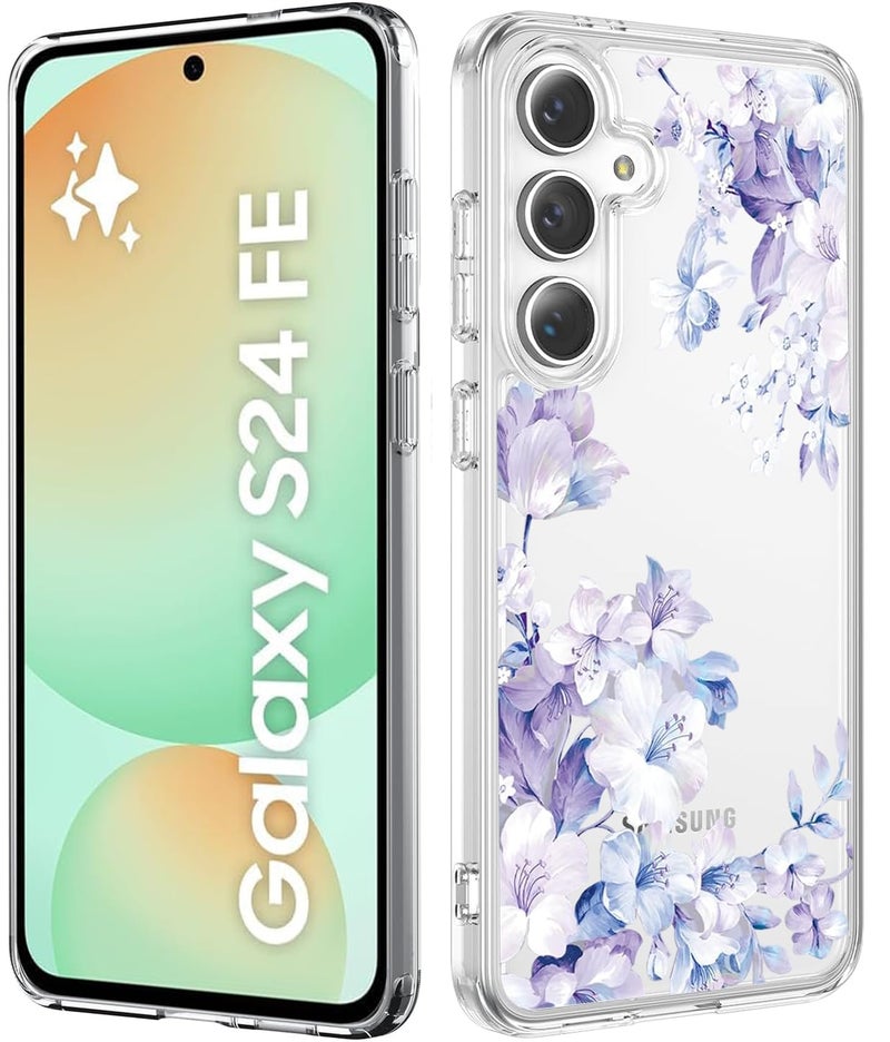 Elzzi غطاء زهور شفاف واضح لهاتف سامسونج S24 Fe 5G - غطاء مضاد للصدمات بتصميم زهور لحماية الكاميرا - غطاء شفاف للفتيات والنساء (بنفسجي) - Image 1