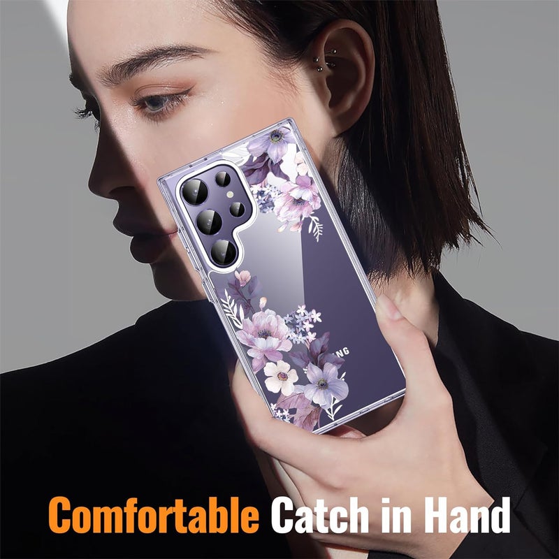 Elzzi غطاء زهور شفاف واضح لهاتف سامسونج S24 Fe 5G - غطاء مضاد للصدمات بتصميم زهور لحماية الكاميرا - غطاء شفاف للفتيات والنساء (بنفسجي) - Image 5