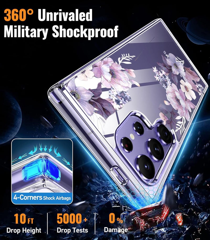 Elzzi غطاء زهور شفاف واضح لهاتف سامسونج S24 Fe 5G - غطاء مضاد للصدمات بتصميم زهور لحماية الكاميرا - غطاء شفاف للفتيات والنساء (بنفسجي) - Image 4