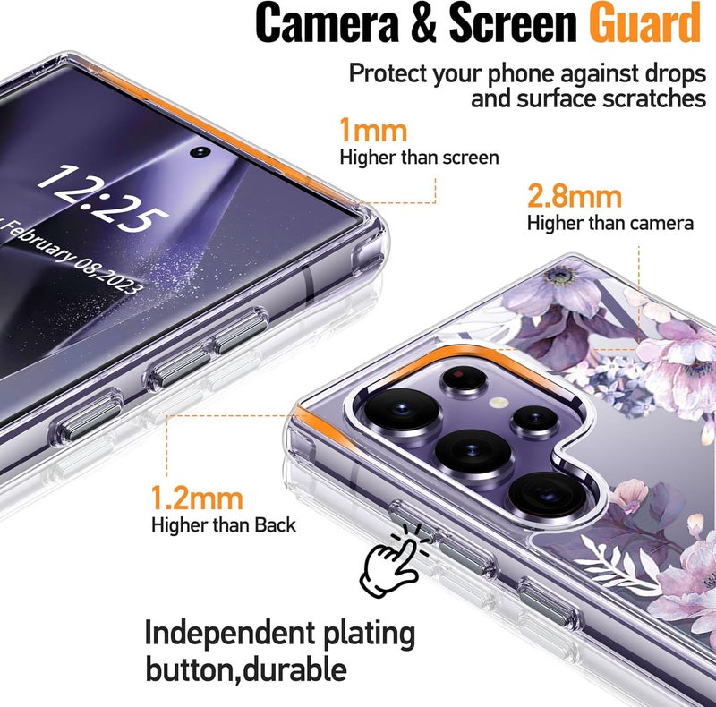 Elzzi غطاء زهور شفاف واضح لهاتف سامسونج S24 Fe 5G - غطاء مضاد للصدمات بتصميم زهور لحماية الكاميرا - غطاء شفاف للفتيات والنساء (بنفسجي) - Image 3