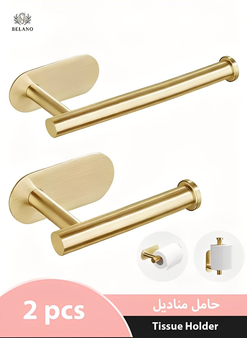 BELANO Bathroom Toilet Paper Holder, Premium Stainless Steel Rustproof Wall Mounted Toilet Roll Holder Self Adhesive Command Strip Toilet Paper Roll Holder for Bathroom, Kitchen, Washroom, No Drilling  (Gold, 2-Piece) - Image 1