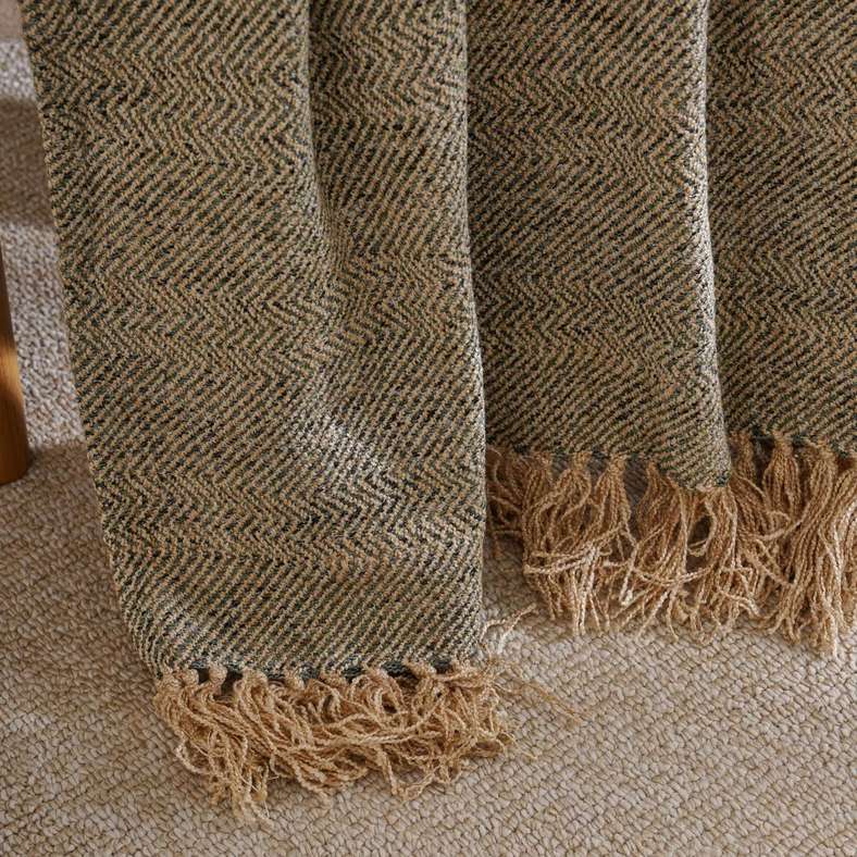 Pan Home Horizon Herringbone Throw With Fringes - Green - Image 2