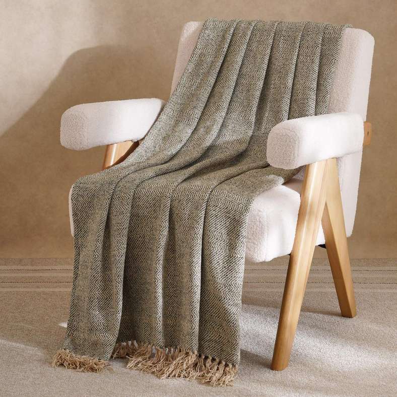 Pan Home Horizon Herringbone Throw With Fringes - Green - Image 1