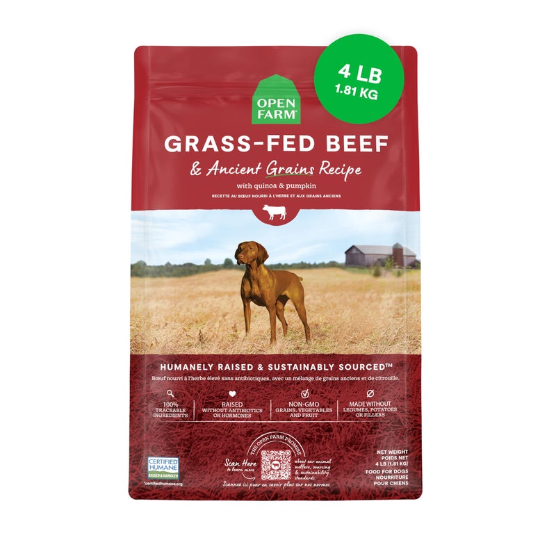 Open Farm, Ancient Grains Dry Dog Food, Protein-Rich & Nutrient Dense, 90% Animal Protein Mixed with Non-GMO Fruits, Veggies and Superfoods, Grass-Fed Beef Recipe, 4lb Bag - Image 1