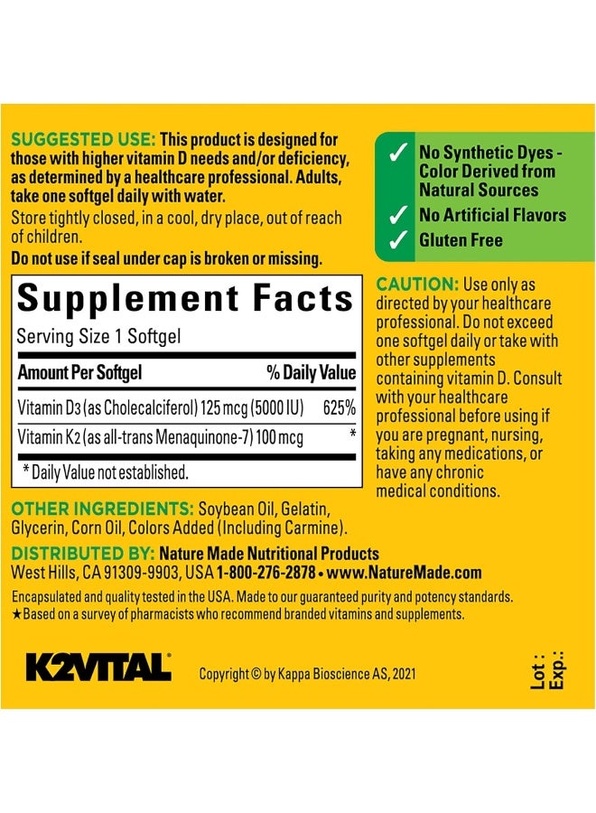 Nature Made Vitamin D3 K2, 5000 IU (125 mcg) Vitamin D, Dietary Supplement for Bone, Teeth, Muscle and Immune Health Support, 30 Softgels, 30 Day Supply - Image 5
