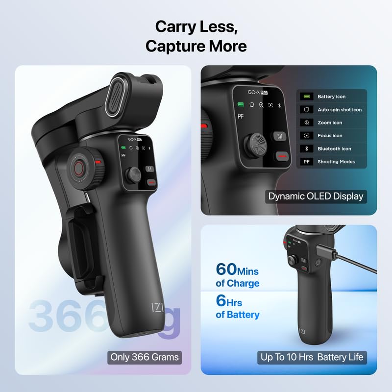 IZI GO-X PRO 3-Axis Smartphone Gimbal with Built-in Extension Rod, AI face Tracking, OLED Display, 10H Battery, Wireless Charging, Foldable Design-Ideal for Vlogs, Videos & TikTok. - Image 5