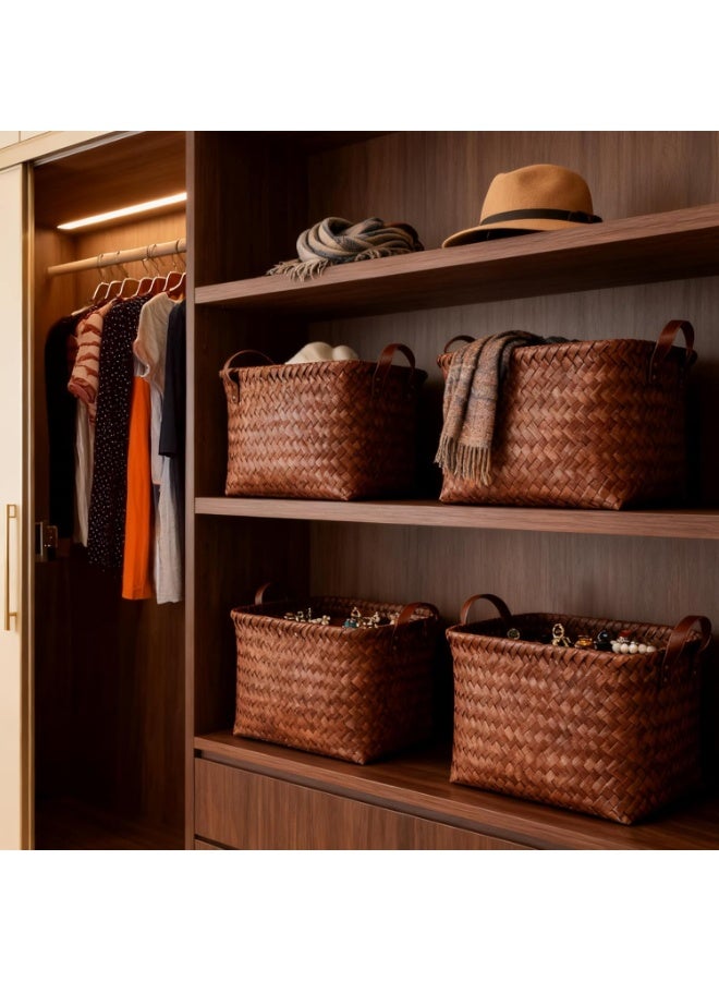 روعة 2-حزمة سلال تخزين كبيرة من الخوص لتنظيم الملابس، وصناديق تخزين الحمام وغرفة النوم. سلال غسيل كبيرة بمقابض جلدية، مناسبة لتخزين البطانيات والملابس والألعاب وجمع الغسيل وتنظيم خزانة الملابس. (بني) - Image 2