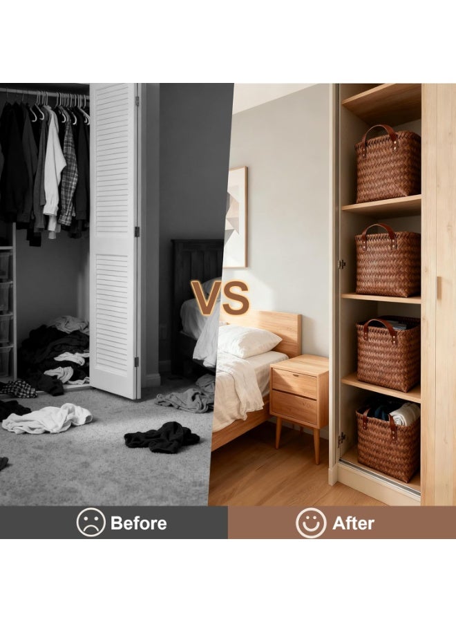 روعة 2-حزمة سلال تخزين كبيرة من الخوص لتنظيم الملابس، وصناديق تخزين الحمام وغرفة النوم. سلال غسيل كبيرة بمقابض جلدية، مناسبة لتخزين البطانيات والملابس والألعاب وجمع الغسيل وتنظيم خزانة الملابس. (بني) - Image 5