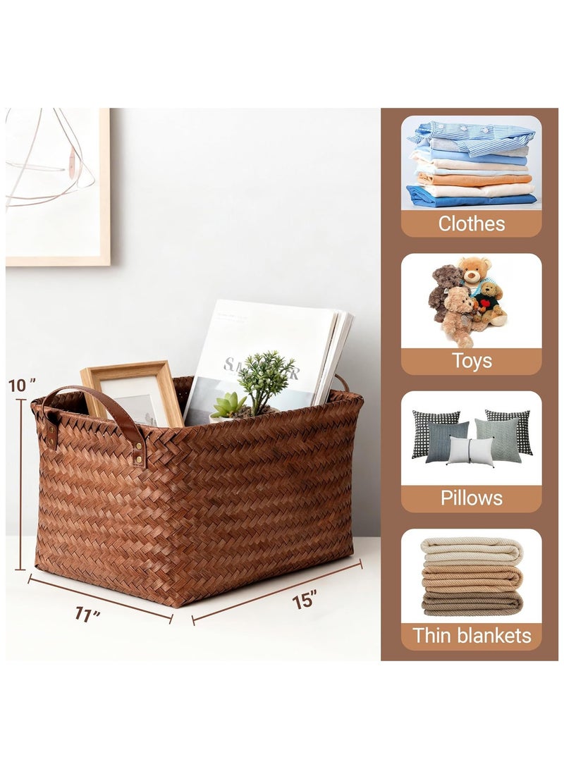 روعة 2-حزمة سلال تخزين كبيرة من الخوص لتنظيم الملابس، وصناديق تخزين الحمام وغرفة النوم. سلال غسيل كبيرة بمقابض جلدية، مناسبة لتخزين البطانيات والملابس والألعاب وجمع الغسيل وتنظيم خزانة الملابس. (بني) - Image 3