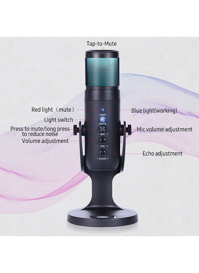 Generic - USB Condenser Microphone Tabletop Desktop RGB Microphone with Stand Computer PC Plug & Play Microphone with Colorful Lights Volume Control Headphone Connection for Audio Monitoring - Image 1