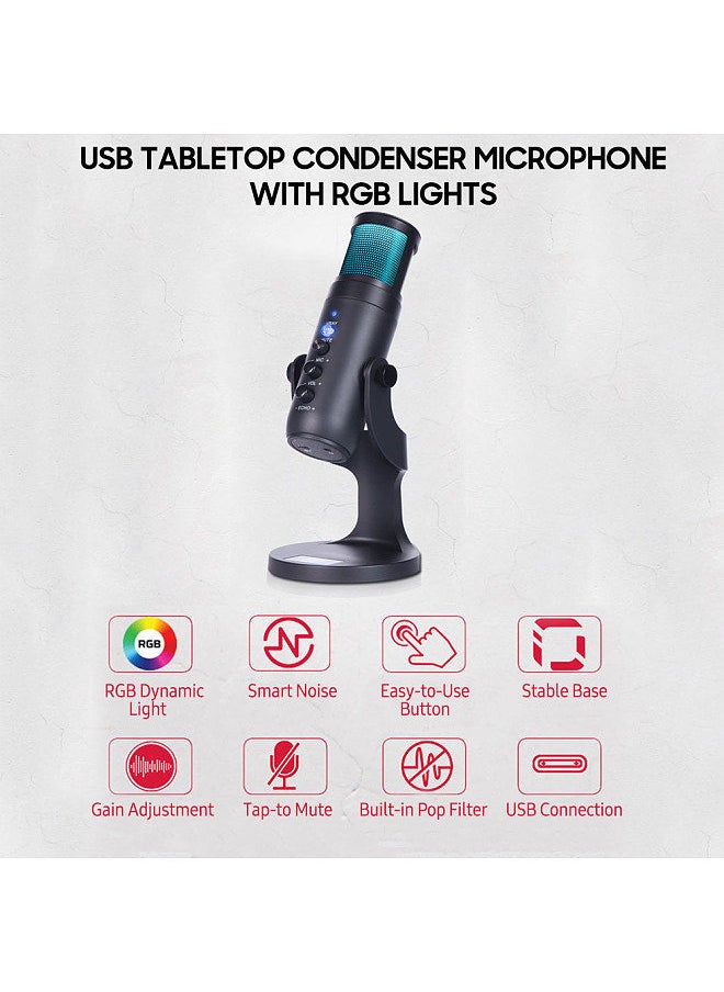 Generic - USB Condenser Microphone Tabletop Desktop RGB Microphone with Stand Computer PC Plug & Play Microphone with Colorful Lights Volume Control Headphone Connection for Audio Monitoring - Image 1