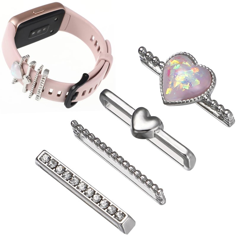 Hemobllo Watch Band Charms - 4 Pcs Decorative Rings Heart Shaped Metal Watch Band Accessories Charms Compatible with Series 9 8 7 6 5 4 3 2 1 Silicone Bands, Silver - Image 1