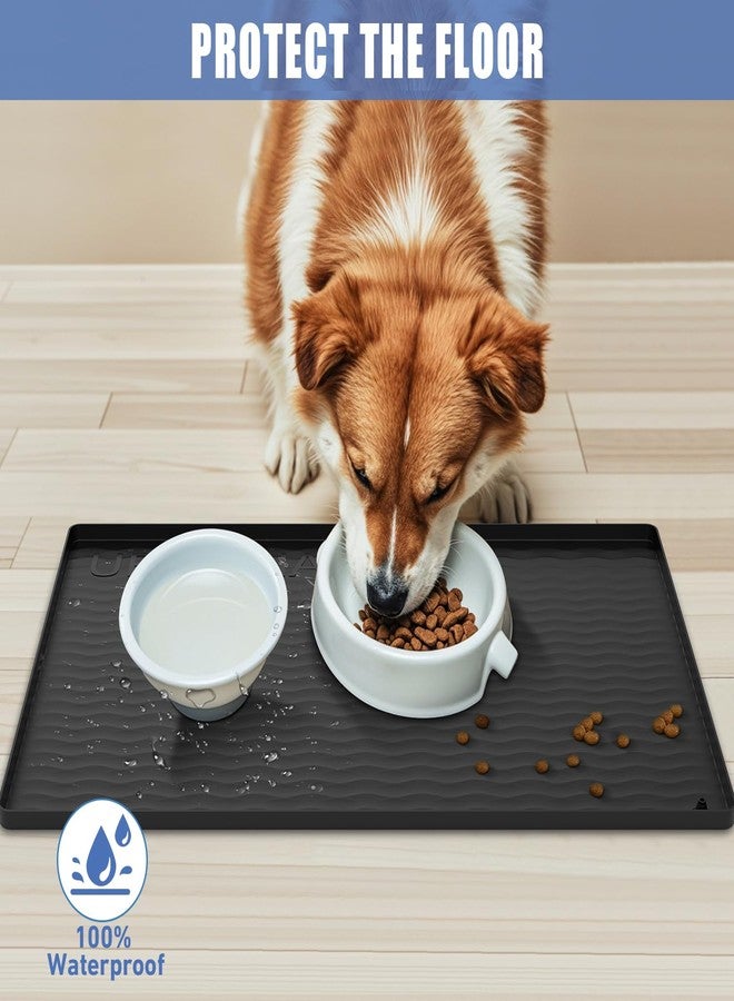 URMONA 19" x 19" Silicone Pet Feeding Mat, Dog Cat Food and Water Mat, Waterproof Raised Edge Cat Litter Box Tray, Rubber Pets Accessories, Puppy Kitty Essentials（Black） - Image 3