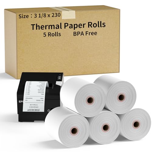 CLASSY Thermal Paper 3 1/8 x 230ft, 5 Rolls Receipt Paper for Cash Registers Printer, ATM Machine,Compatible with Wide Range of POS Systems for Small Business - Image 1