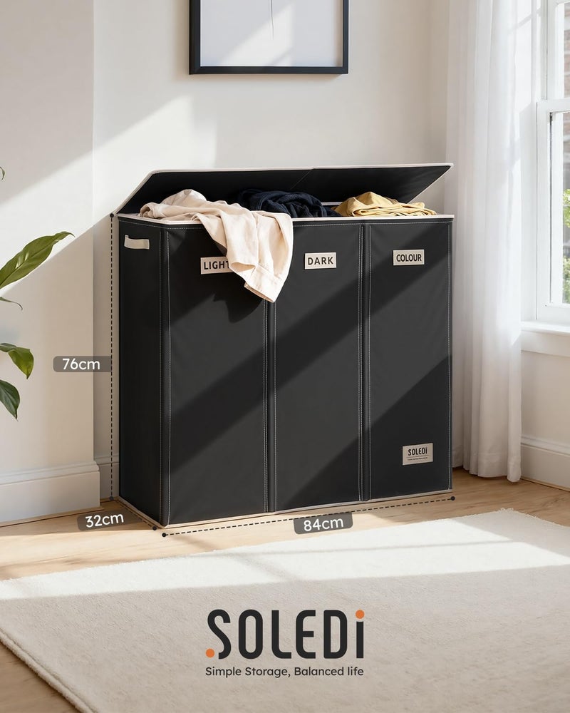 SOLEDI 200L Laundry Basket 3 Compartments, Extra Large Laundry Hamper with Lid, Clothes Basket with Laundry Bag, Sturdy Laundry Storage Organizer for Laundry Room, Bedroom, Bathroom, Dorm, Black - Image 2