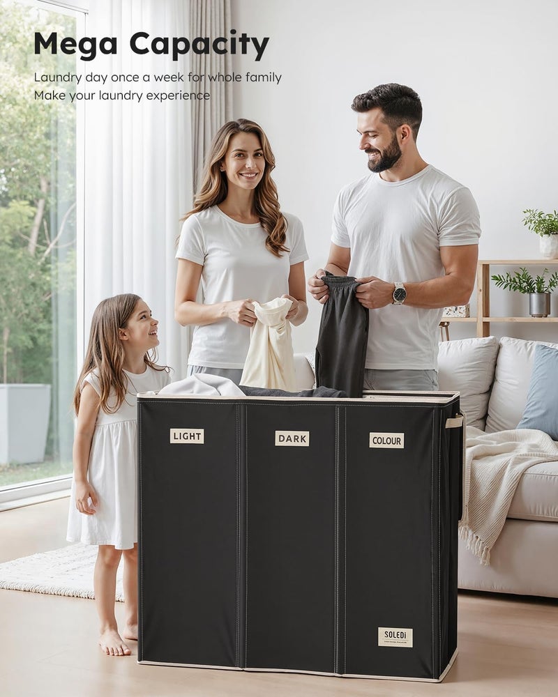 SOLEDI 200L Laundry Basket 3 Compartments, Extra Large Laundry Hamper with Lid, Clothes Basket with Laundry Bag, Sturdy Laundry Storage Organizer for Laundry Room, Bedroom, Bathroom, Dorm, Black - Image 4
