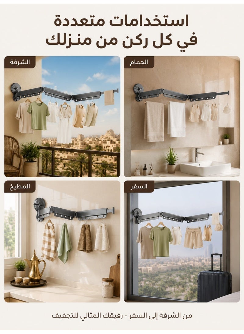 Wall Mounted Foldable Aluminum Clothes Drying Rack with Strong Suction System, Space-Saving Drying Shelf Without Drilling for Balcony, Bathroom and Laundry Room, Grey - Image 2