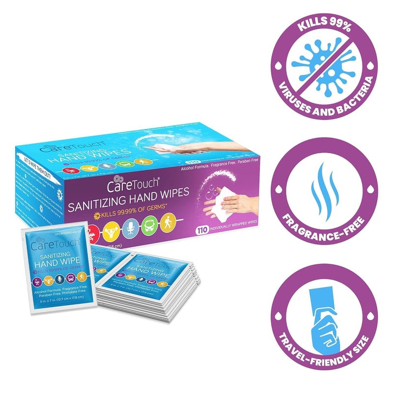 Care Touch Hand Sanitizer Wipes - 110 Hand Wipes Individually Wrapped - Travel Size - Sanitizing Wet Wipes for Home, Office & Outdoor Use - Image 2