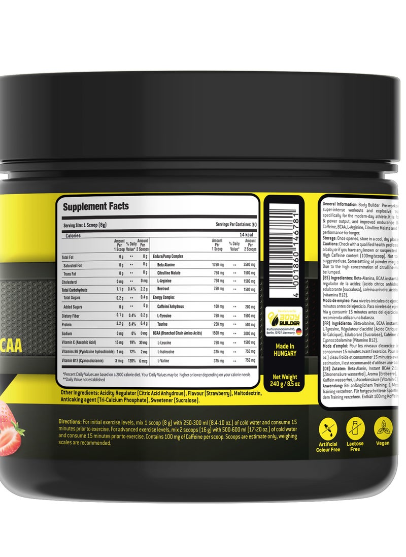 Body Builder - Energy Pre Workout Plus Bcaa Strawberry 30 Servings 240 G - Image 1
