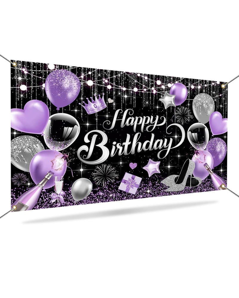 Mocsicka Purple Birthday Backdrop for Woman Glitter Sliver Purple Happy Birthday Party Banner Decorations Women Girl Birthday Party Home Decor 70.8 * 43.3 inch - Image 5