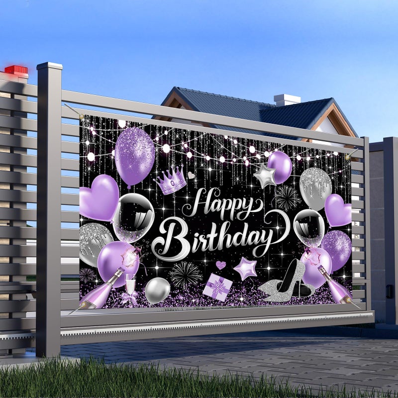 Mocsicka Purple Birthday Backdrop for Woman Glitter Sliver Purple Happy Birthday Party Banner Decorations Women Girl Birthday Party Home Decor 70.8 * 43.3 inch - Image 4