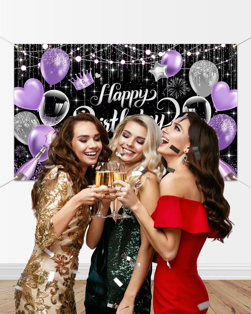 Mocsicka Purple Birthday Backdrop for Woman Glitter Sliver Purple Happy Birthday Party Banner Decorations Women Girl Birthday Party Home Decor 70.8 * 43.3 inch - Image 2