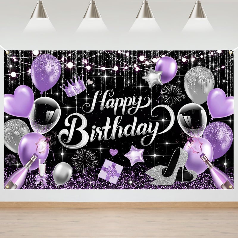 Mocsicka Purple Birthday Backdrop for Woman Glitter Sliver Purple Happy Birthday Party Banner Decorations Women Girl Birthday Party Home Decor 70.8 * 43.3 inch - Image 1
