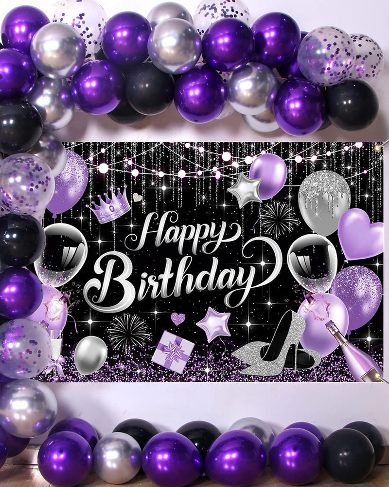 Mocsicka Purple Birthday Backdrop for Woman Glitter Sliver Purple Happy Birthday Party Banner Decorations Women Girl Birthday Party Home Decor 70.8 * 43.3 inch - Image 3