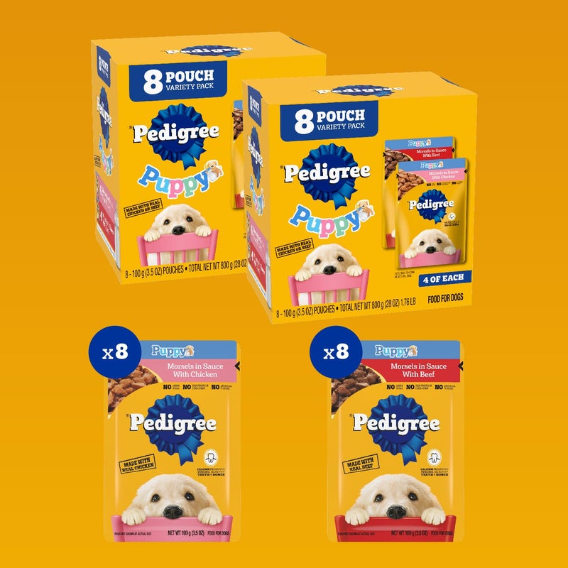 Pedigree Puppy Food Morsels in Sauce, Wet Dog Food Pouches Variety Pack, 3.5 oz. Pouches, 8 Count (Pack of 2) - Image 3