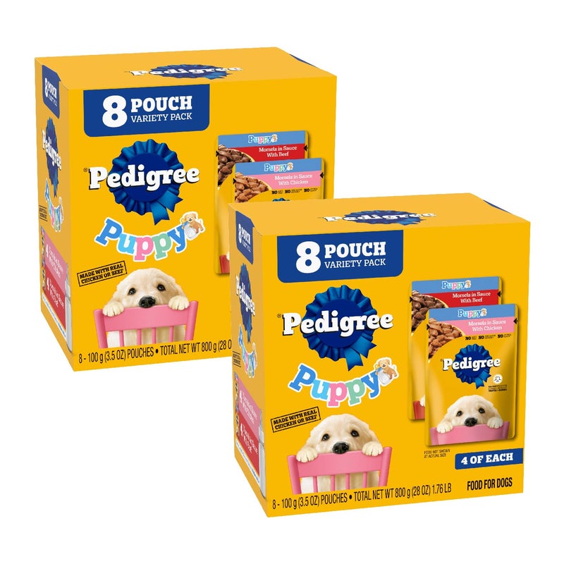 Pedigree Puppy Food Morsels in Sauce, Wet Dog Food Pouches Variety Pack, 3.5 oz. Pouches, 8 Count (Pack of 2) - Image 1