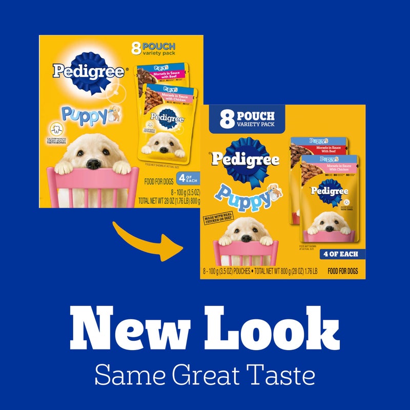 Pedigree Puppy Food Morsels in Sauce, Wet Dog Food Pouches Variety Pack, 3.5 oz. Pouches, 8 Count (Pack of 2) - Image 2