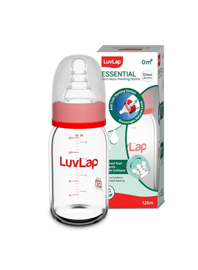 Luvlap Essential Slim Neck Glass Feeding Bottle, 125ml, 0m+/Babies Upto 3 Years, Made of Borosilicate Glass, BPA Free, Ergonomic Shape is Easy to Hold, with Anti Colic Nipple, White & Red, Pack of 1 - Image 1