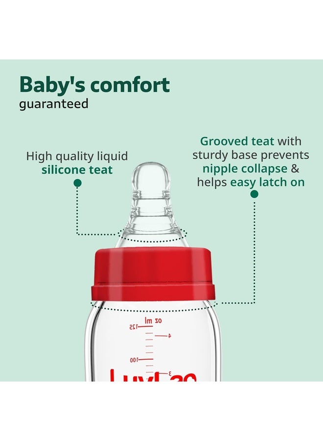 Luvlap Essential Slim Neck Glass Feeding Bottle, 125ml, 0m+/Babies Upto 3 Years, Made of Borosilicate Glass, BPA Free, Ergonomic Shape is Easy to Hold, with Anti Colic Nipple, White & Red, Pack of 1 - Image 3
