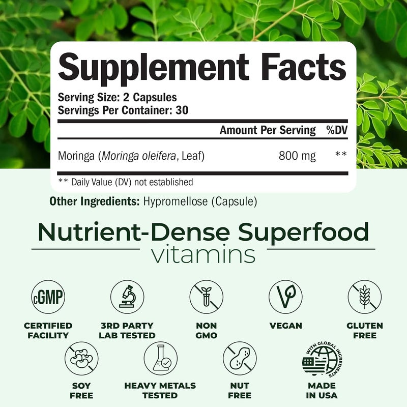 Vimerson Health Moringa Capsules with 100 Pure Moringa Powder for Balanced Energy Healthy Metabolism Antioxidant  Immune Support NutrientDense Superfood Vitamins Vegan NonGMO Third Party Tested 60 Capsules - Image 3