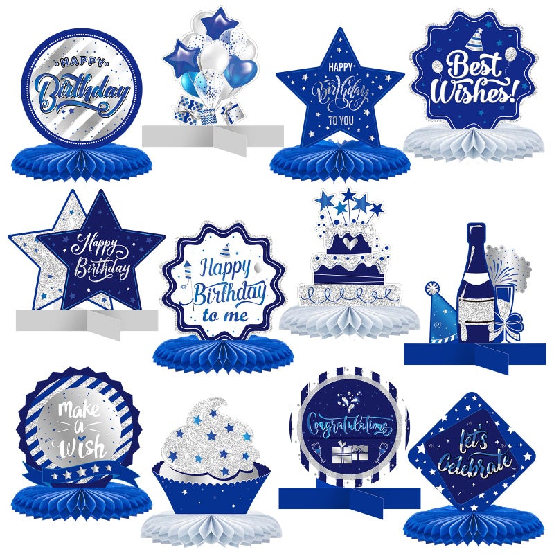 Clabby 12 Pieces Birthday Table Decorations Blue Honeycomb Centerpieces for Table Decor Cute Birthday Honeycomb Topper for Women Men Anniversary Theme Party Supplies Photo Props - Image 1