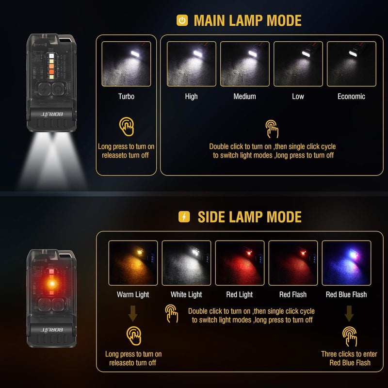 BORUIT V15 LED Small Powerful EDC Flashlight with Warm White Red Light, USB C Rechargeable, 10 Modes, IP67 Waterproof - Image 3