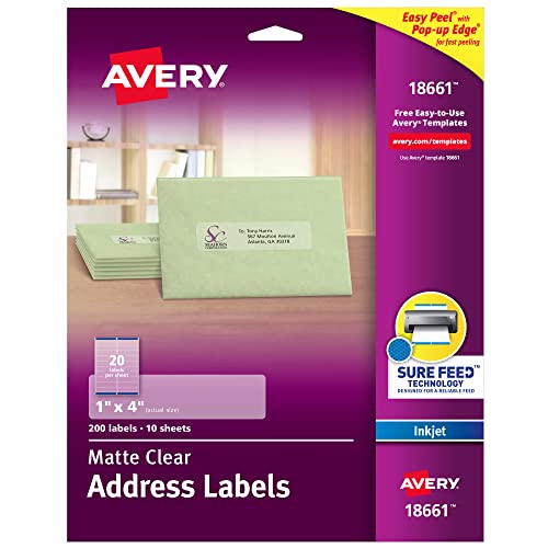 Avery Printable Address Labels with Sure Feed, 1" x 4", Matte Clear, 200 Blank Mailing Labels (18661) - Image 1