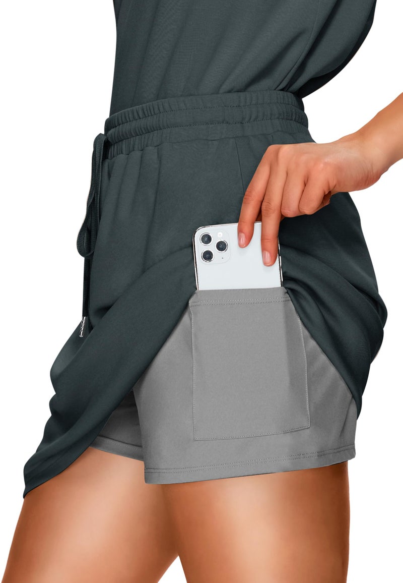 Sampeel Women 2 Piece Tennis Outfit Golf Skirt Dress Built-in Shorts Active Athletic Workout Lounge Set Summer Loungewear Spring Cruise Resort Wear Travel Vacation Airport Romper Skort Suits Grey L - Image 4