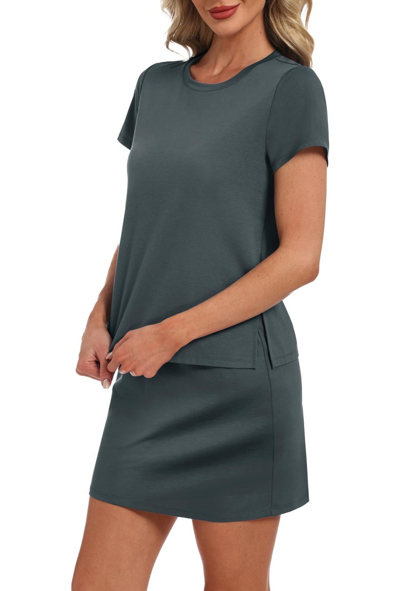 Sampeel Women 2 Piece Tennis Outfit Golf Skirt Dress Built-in Shorts Active Athletic Workout Lounge Set Summer Loungewear Spring Cruise Resort Wear Travel Vacation Airport Romper Skort Suits Grey L - Image 3