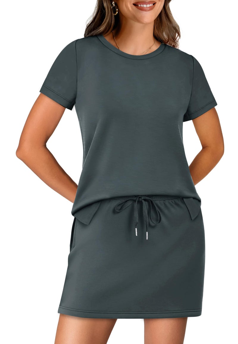 Sampeel Women 2 Piece Tennis Outfit Golf Skirt Dress Built-in Shorts Active Athletic Workout Lounge Set Summer Loungewear Spring Cruise Resort Wear Travel Vacation Airport Romper Skort Suits Grey L - Image 2