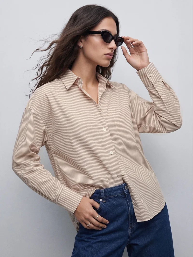 Outzidr Brown Oversized Drop Shoulder Y/D Stripe Shirt