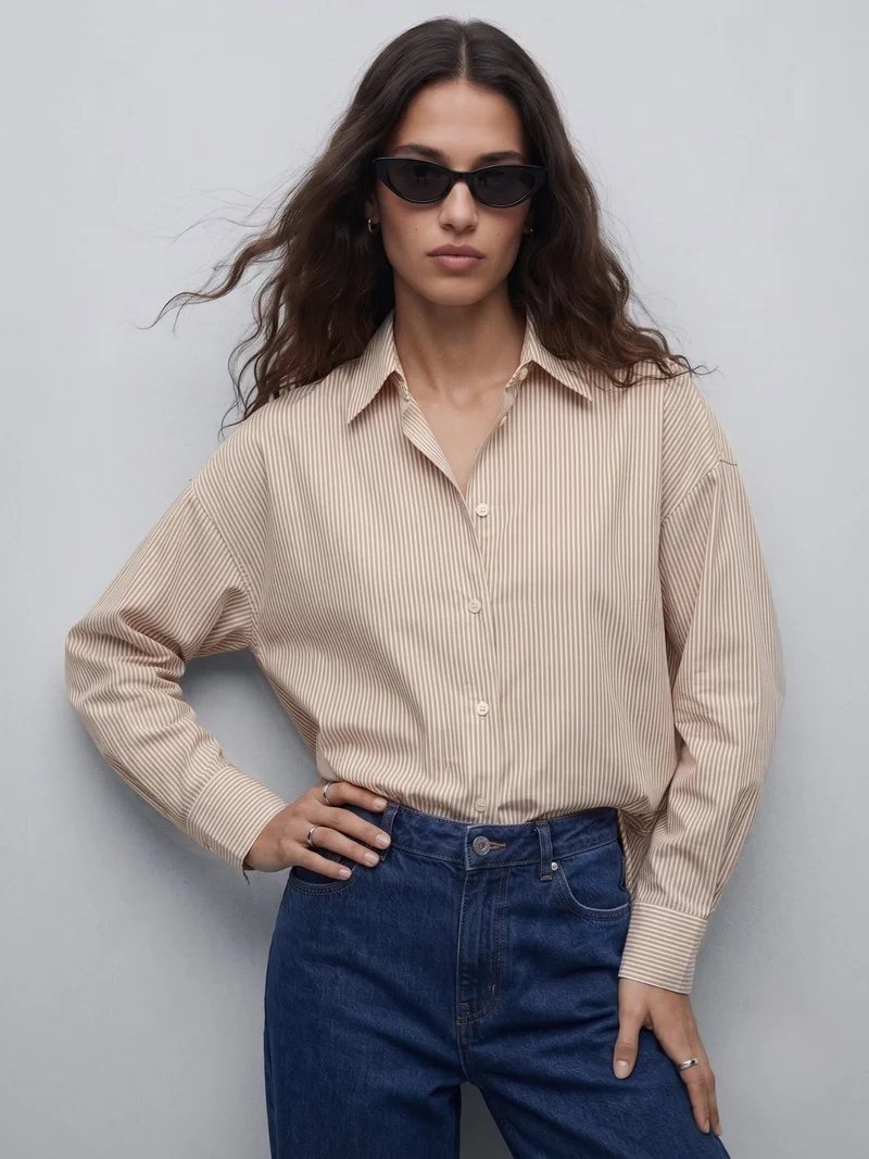 Outzidr  Brown Oversized Drop Shoulder Y/D Stripe Shirt for Women | Best Price UAE